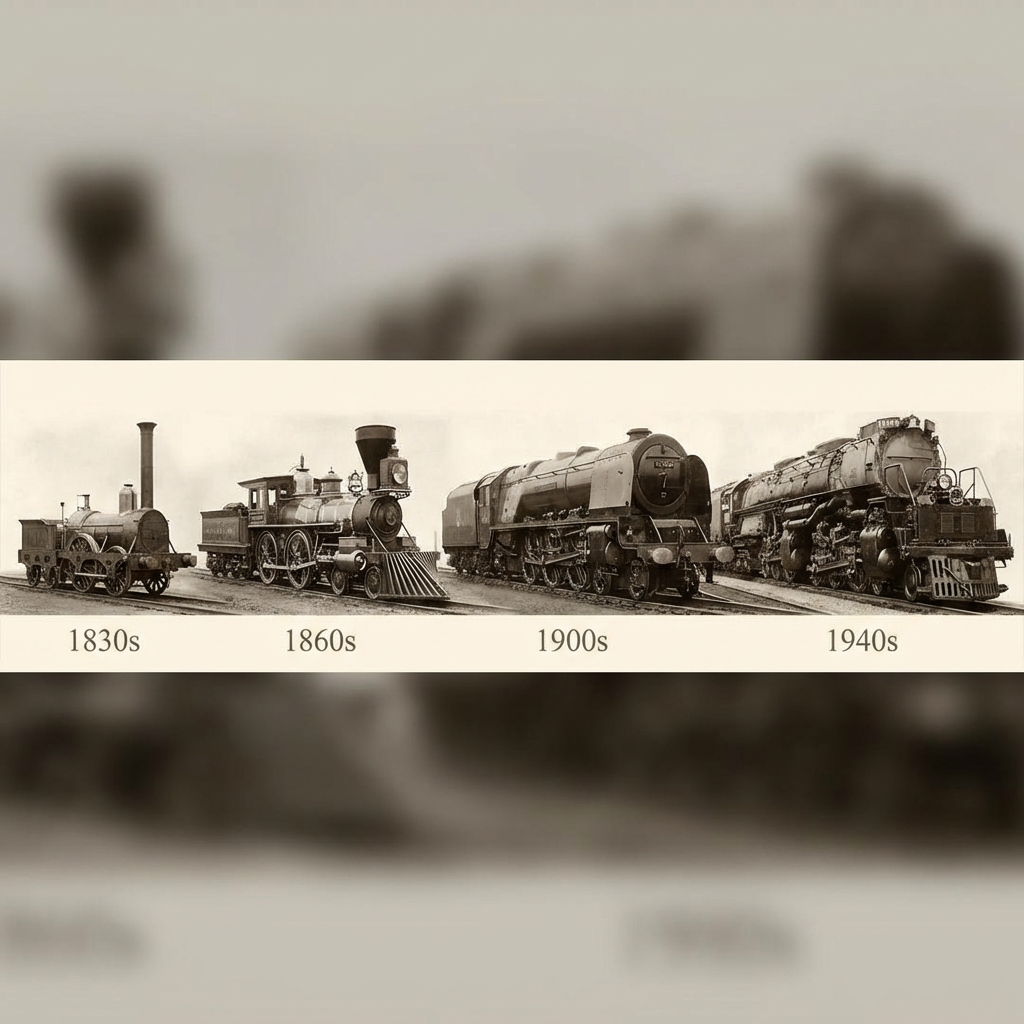 Four steam locomotives representing the 1830s, 1860s, 1900s, and 1940s eras lined up chronologically