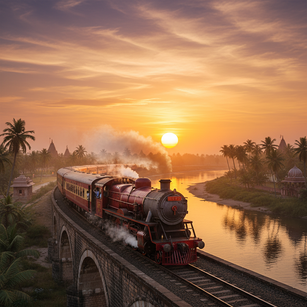 Red vintage steam train crossing stone arch bridge over river at sunset with palm trees