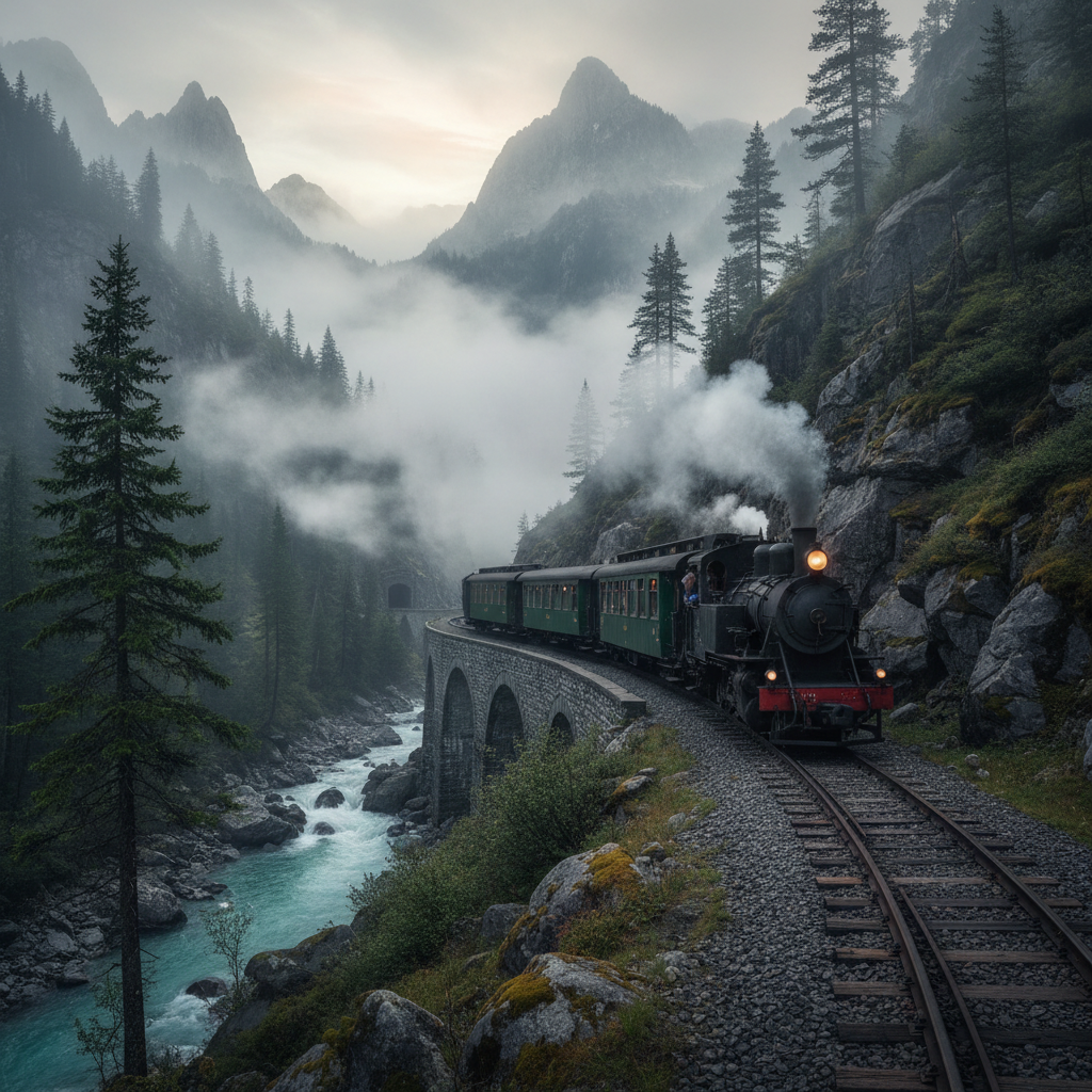 Steam train crossing an arched stone bridge in foggy mountain landscape