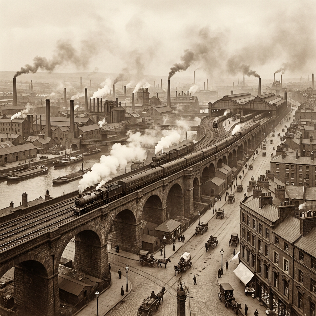Steam trains crossing a viaduct in an industrial city filled with factories and smoke