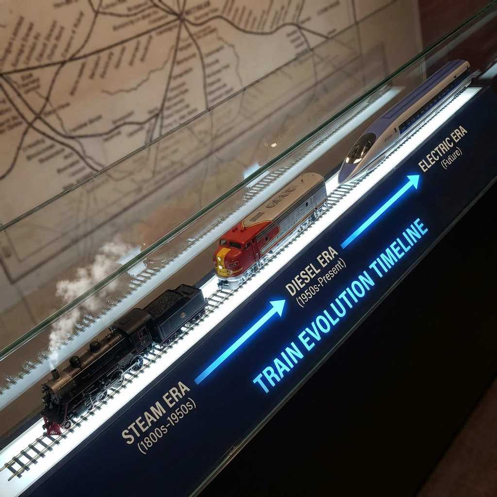 Three train models showing steam, diesel, and future electric eras on an illuminated timeline