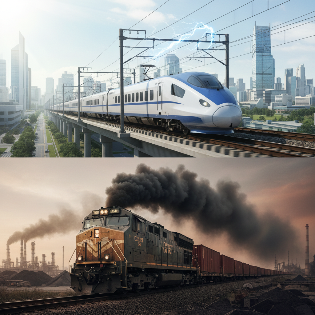 Electric high-speed train on elevated tracks in city and diesel freight train emitting black smoke near industrial area