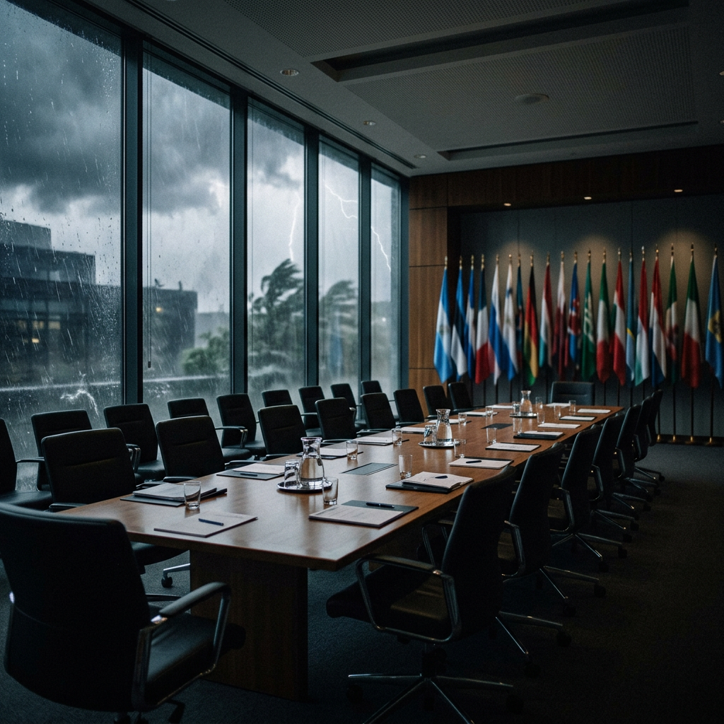 Conference table with chairs, notebooks, and water glasses in front of large windows showing rain and lightning