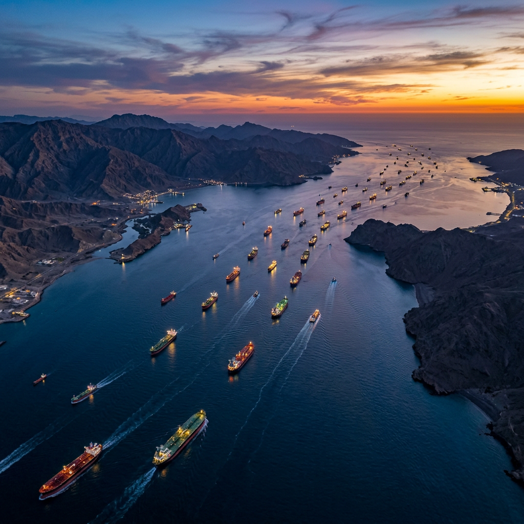 Cargo ships with lights on sailing through a narrow bay at sunset surrounded by mountains