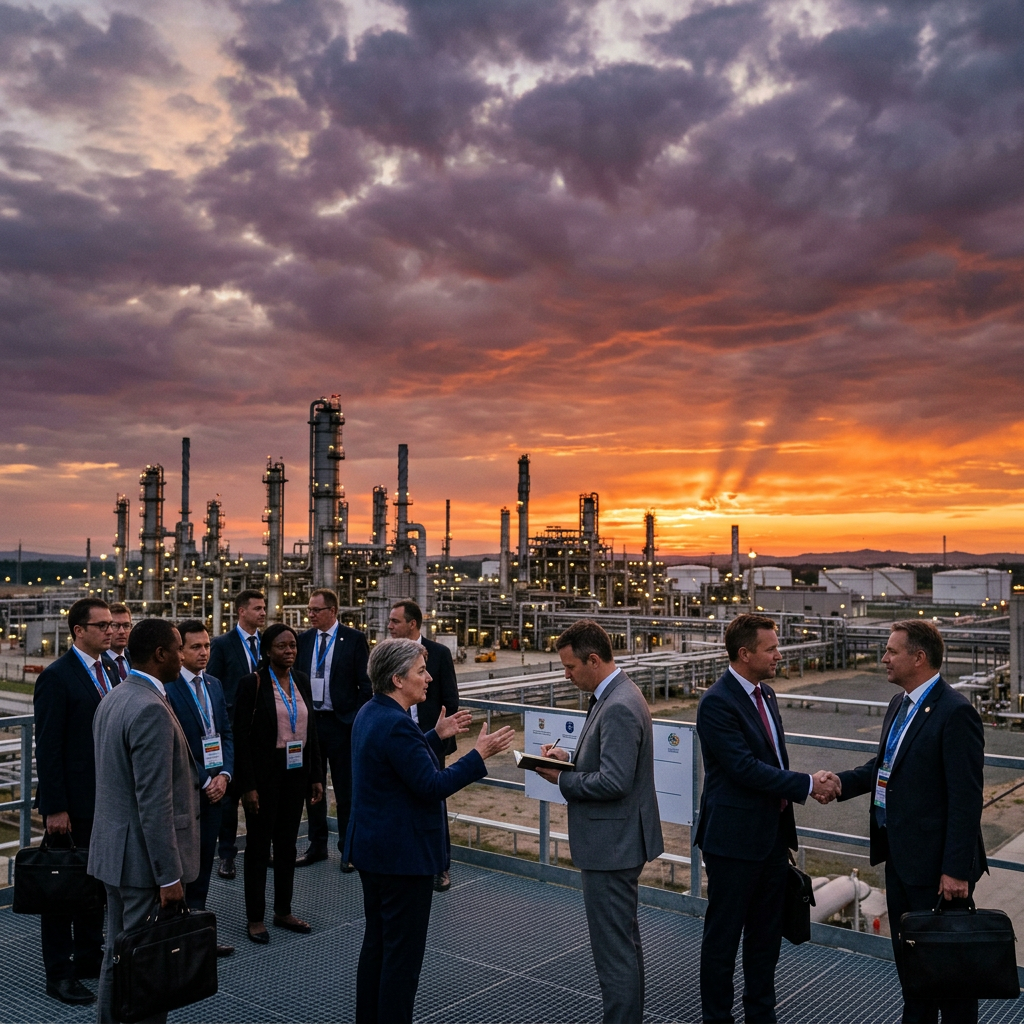 Group of officials conversing and shaking hands at an industrial refinery site during sunset
