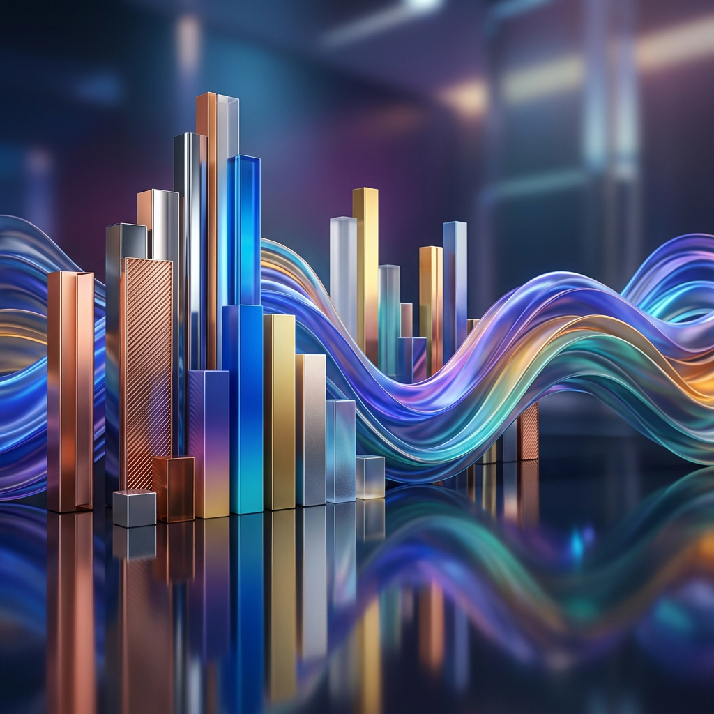 Colorful 3D bars next to flowing multicolored ribbons over reflective surface