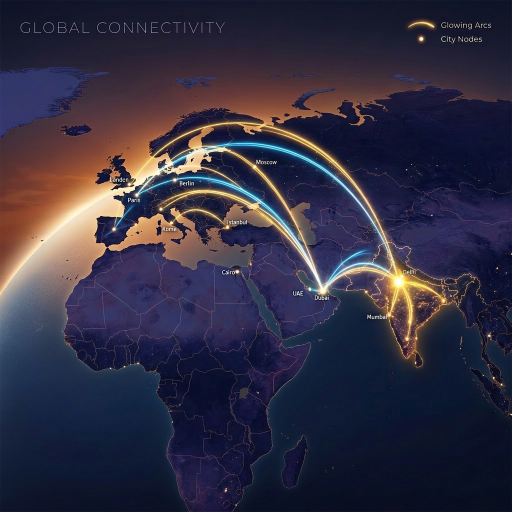 Map showing glowing arcs of connectivity between cities including London, Paris, Berlin, Rome, Moscow, Istanbul, Cairo, UAE, Dubai, Delhi, and Mumbai