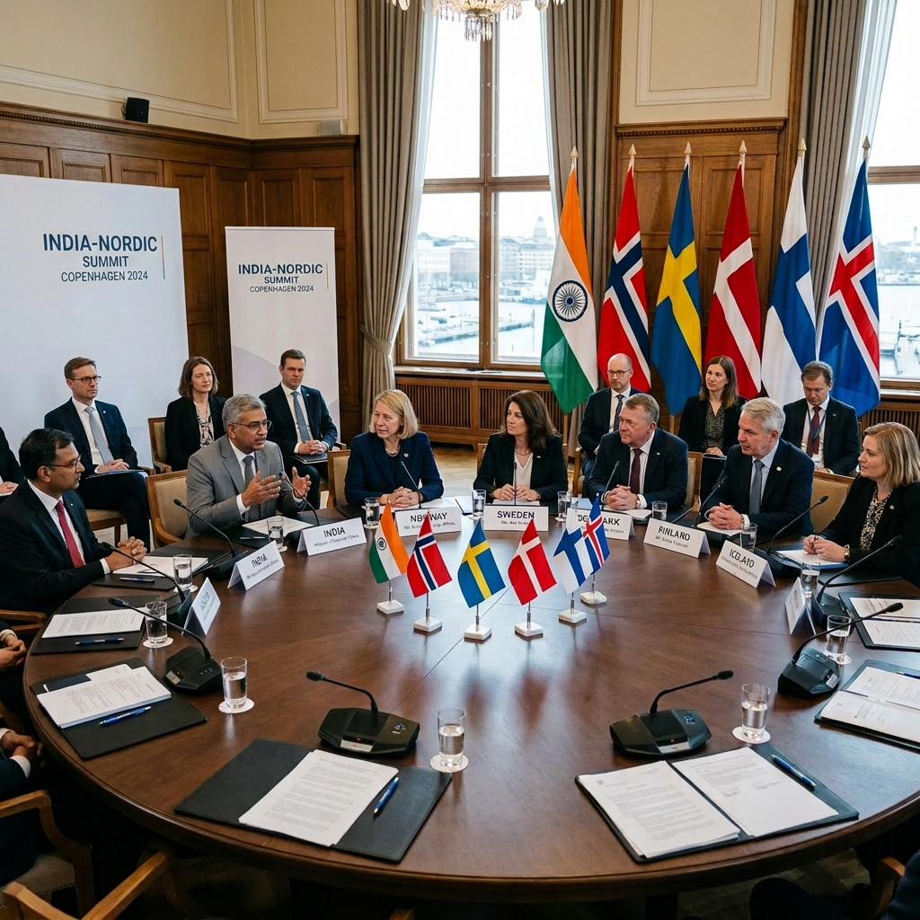 Diplomatic roundtable with delegates from India and Nordic countries including Norway, Sweden, Denmark, Finland, and Iceland
