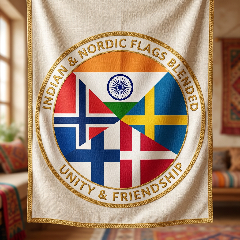 Emblem combining Indian, Norwegian, Swedish, Finnish, and Danish flags with text 'INDIAN & NORDIC FLAGS BLENDED UNITY & FRIENDSHIP'