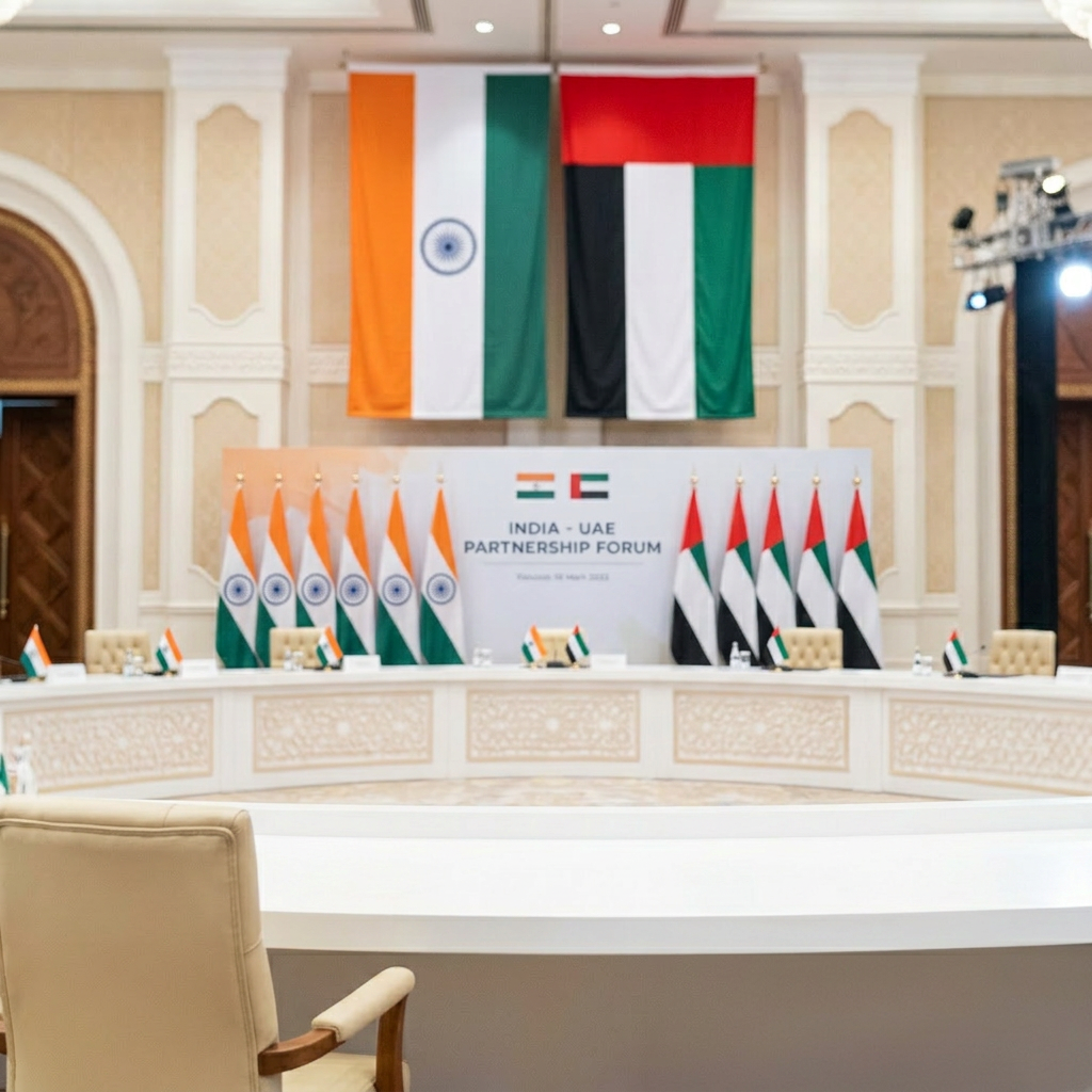 Two men shaking hands in front of India and UAE flags at Partnership Forum