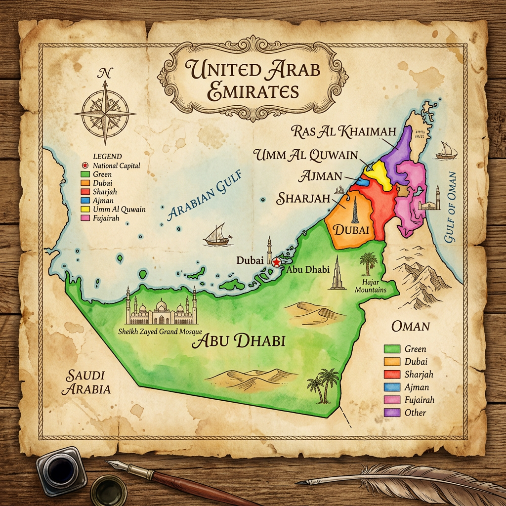 Map of United Arab Emirates showing Abu Dhabi, Dubai, Sharjah, Ajman, Umm Al Quwain, Ras Al Khaimah, Fujairah, with landmarks and seas