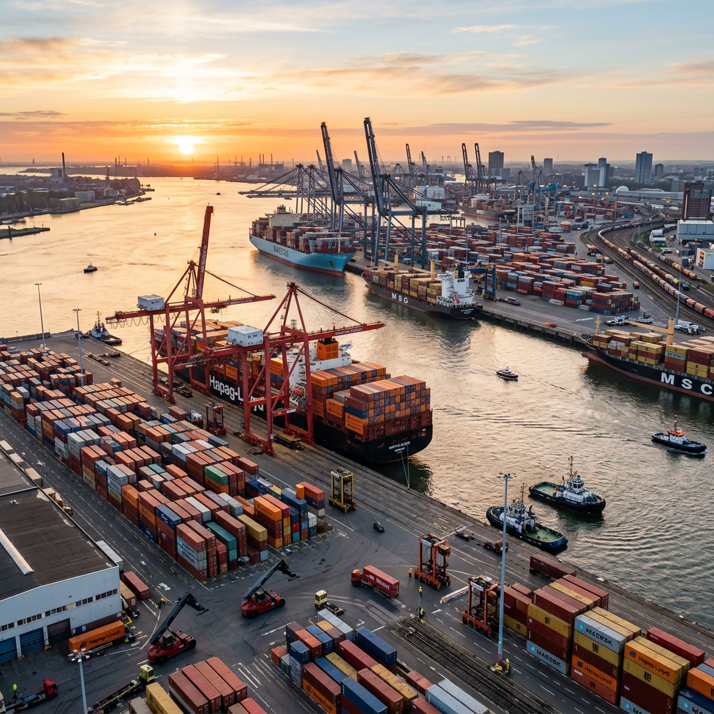 Busy European port at sunrise with containers