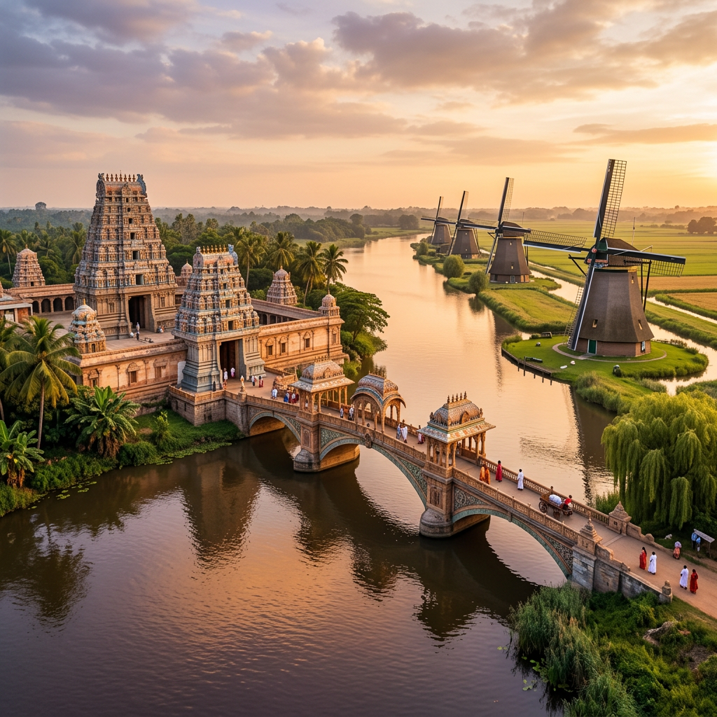 Ancient South Indian temple near river with Dutch windmills at sunset