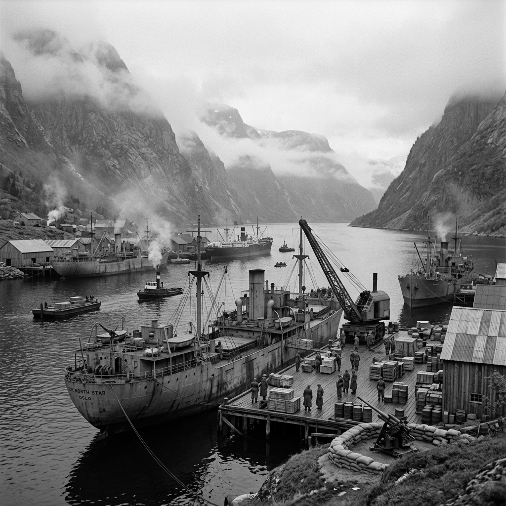 Cargo ships docked at a fjord port with workers loading crates and barrels onto a wooden pier surrounded by steep mountains and mist