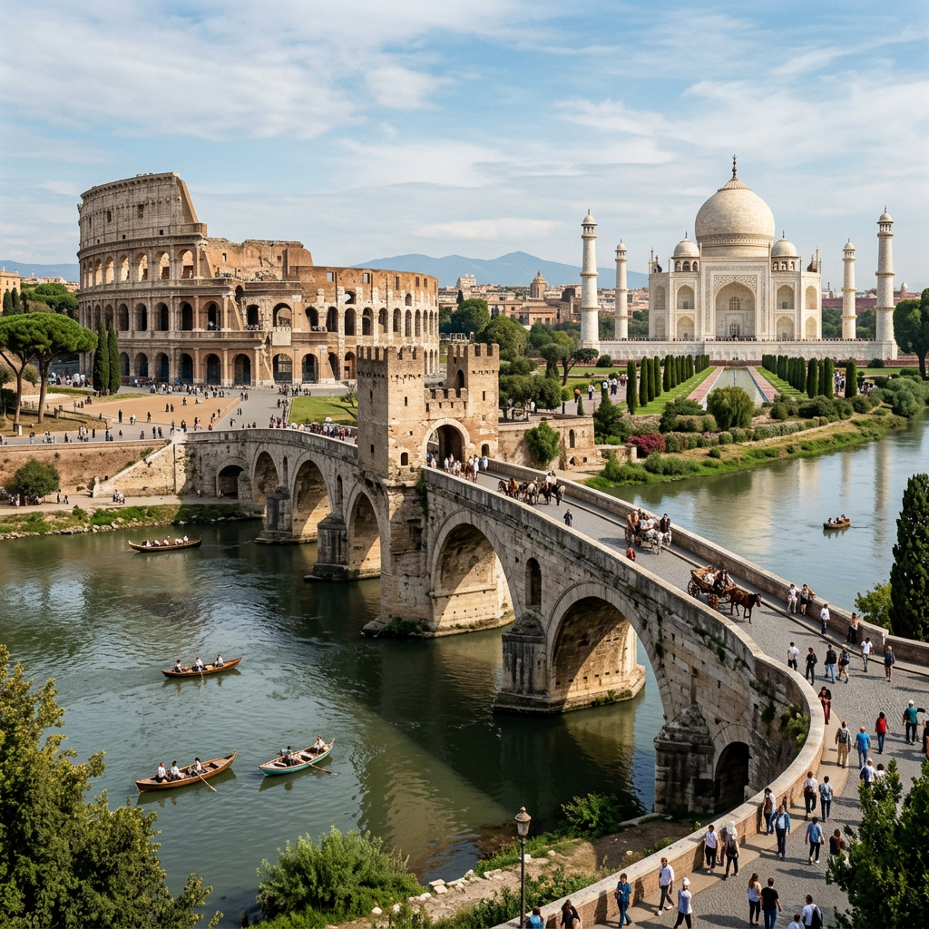 Historic stone bridge over river with Colosseum and Taj Mahal landmarks