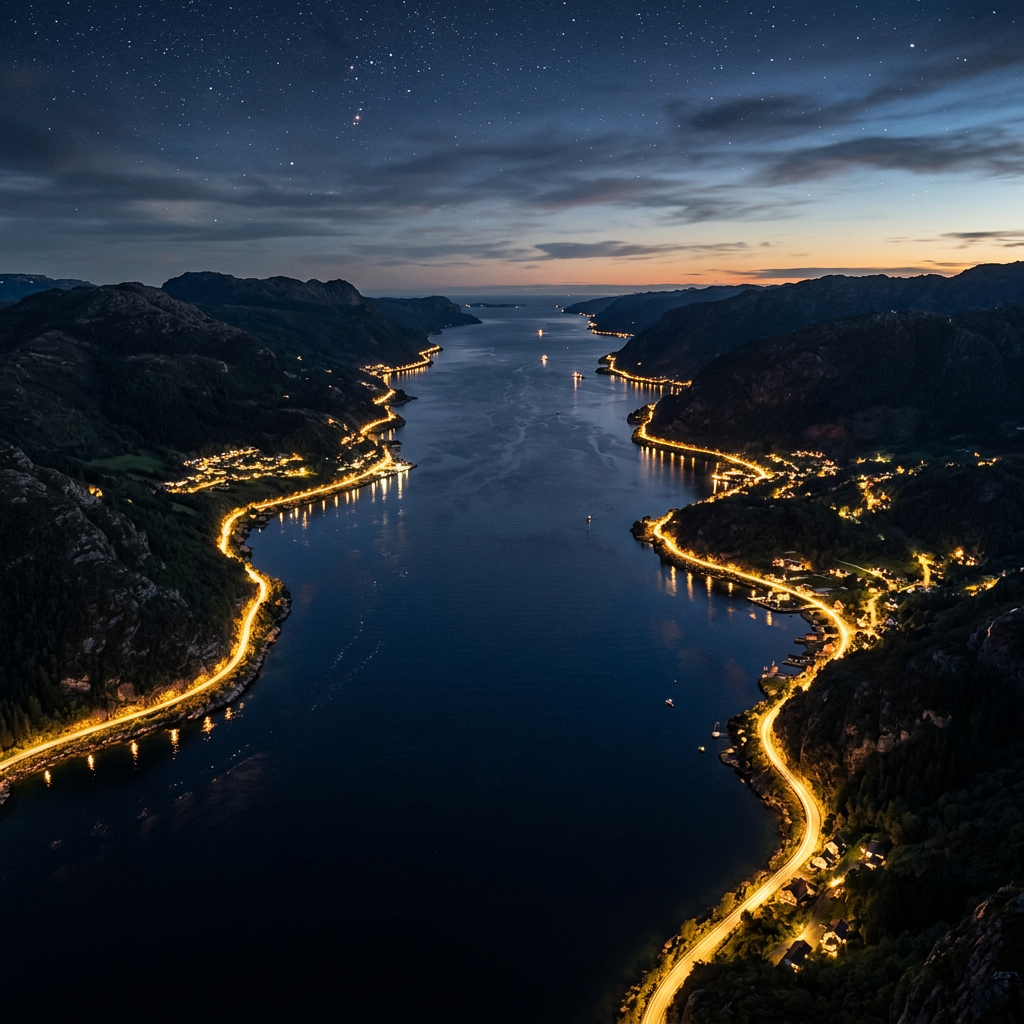 Long fjord at night with winding roads lit by streetlights on both sides