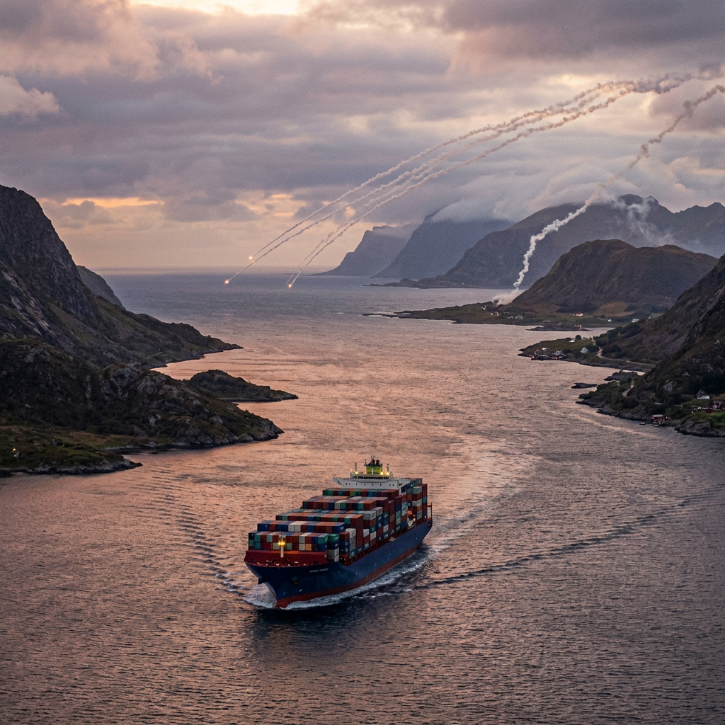Cargo ship navigating a fjord with military flares deployed in the sky over mountainous coastline