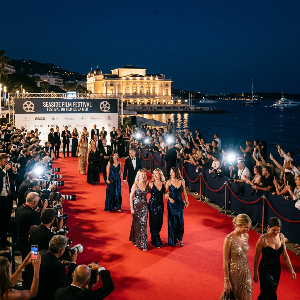 Guests in elegant evening gowns and tuxedos on red carpet with photographers and waterfront view