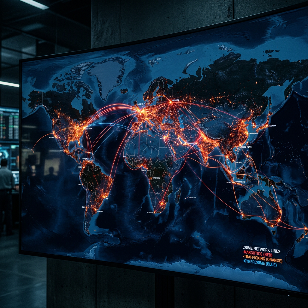World map highlighting narcotics, trafficking, and cybercrime network routes with red, orange, and blue lines.