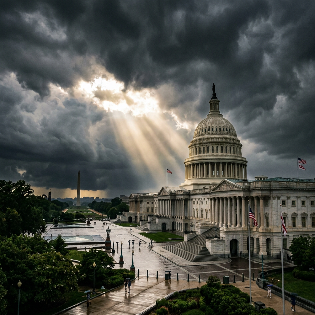 U.S. Capitol building with sunbeams shining through cloudy sky