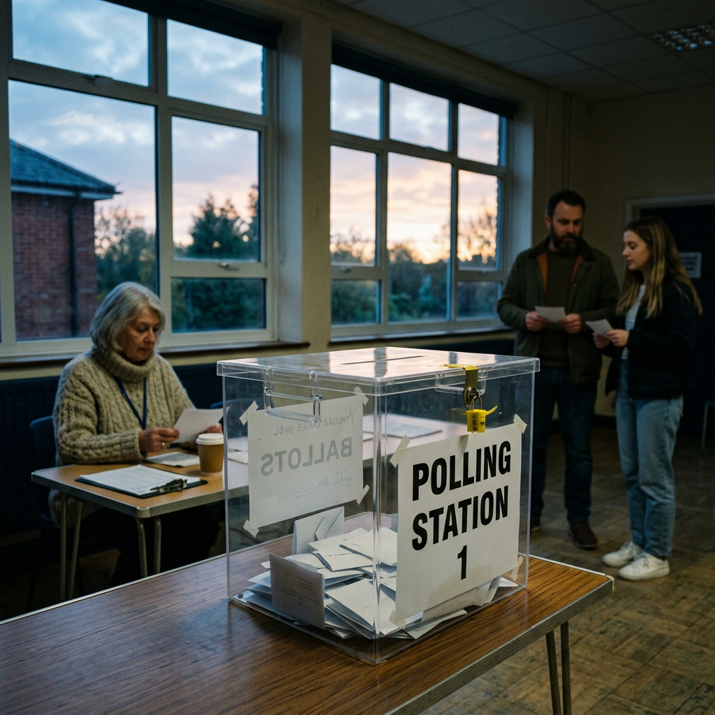 Transparent ballot box labeled Polling Station 1 with ballots inside, election official at table, two voters holding papers