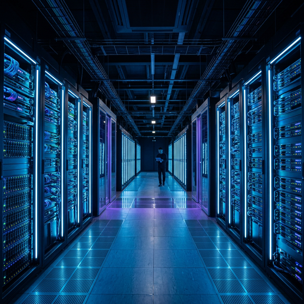 Technician walking in data center aisle with blue-lit server racks on both sides