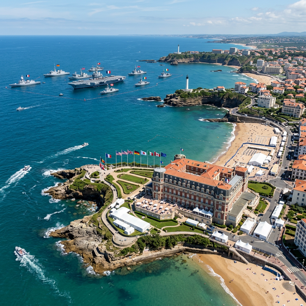 Naval fleet with multiple warships and an aircraft carrier flying various national flags near a coastal town with beaches and a historic building.