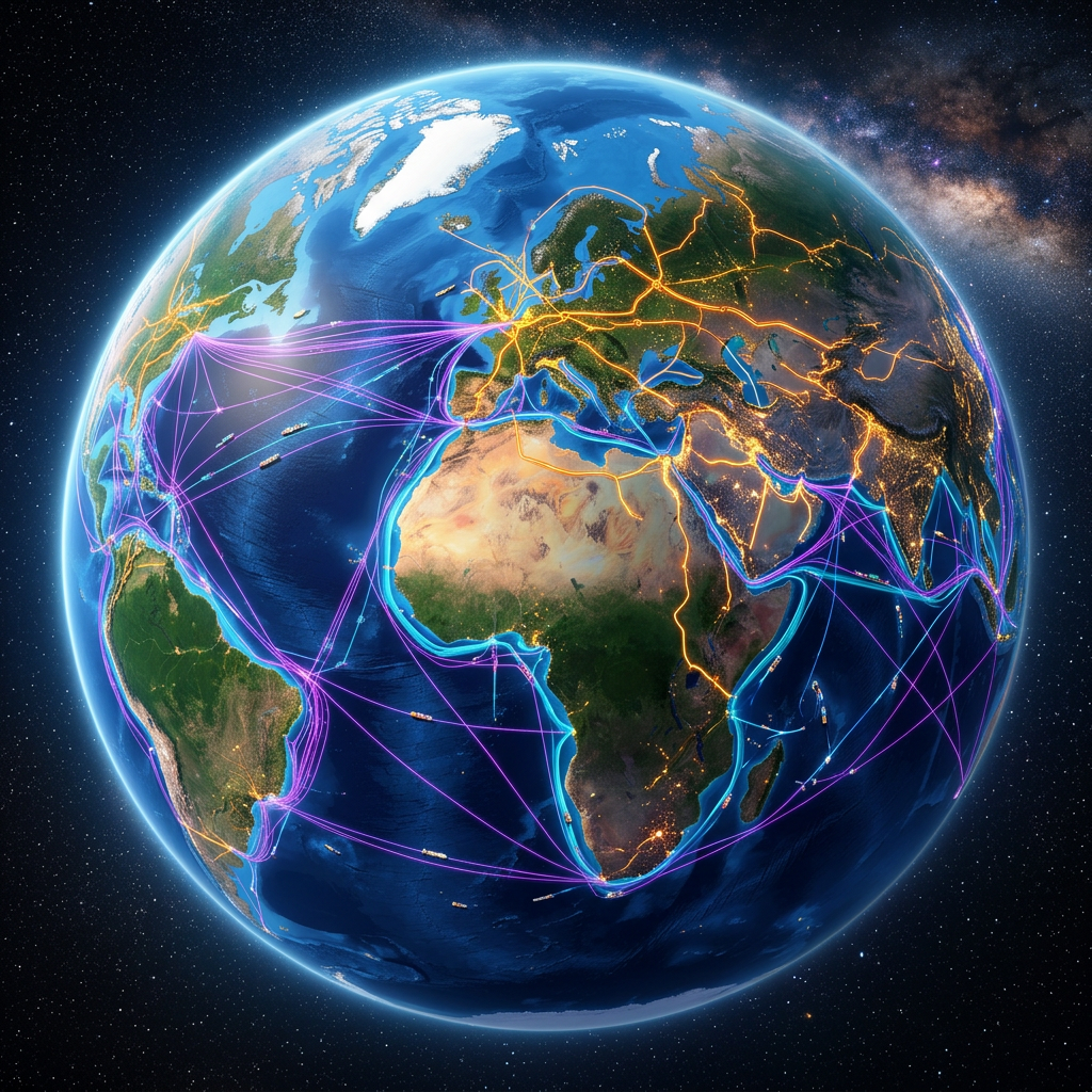 Earth with illuminated global shipping routes and undersea internet cables connecting continents