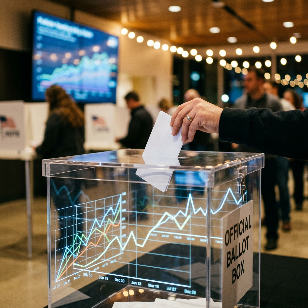 Hand placing a ballot paper into a transparent official ballot box with overlaid election trend graphs