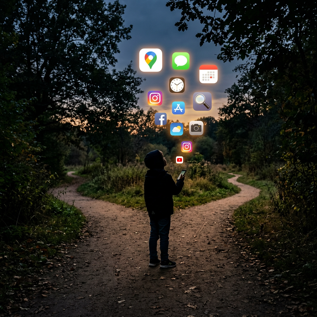 Child holding smartphone at forked forest path with floating app icons above