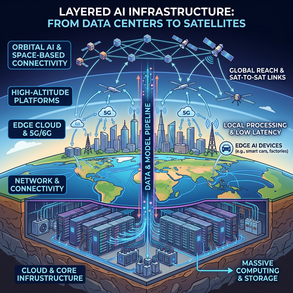 Layered AI infrastructure showing data centers underground connected to cloud, edge devices, high-altitude platforms, and satellites for AI data processing and connectivity.