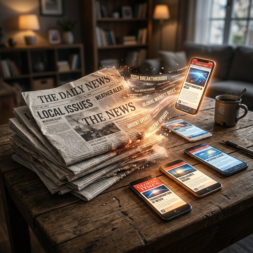 Stack of newspapers on wooden table transitioning to news displayed on multiple smartphones
