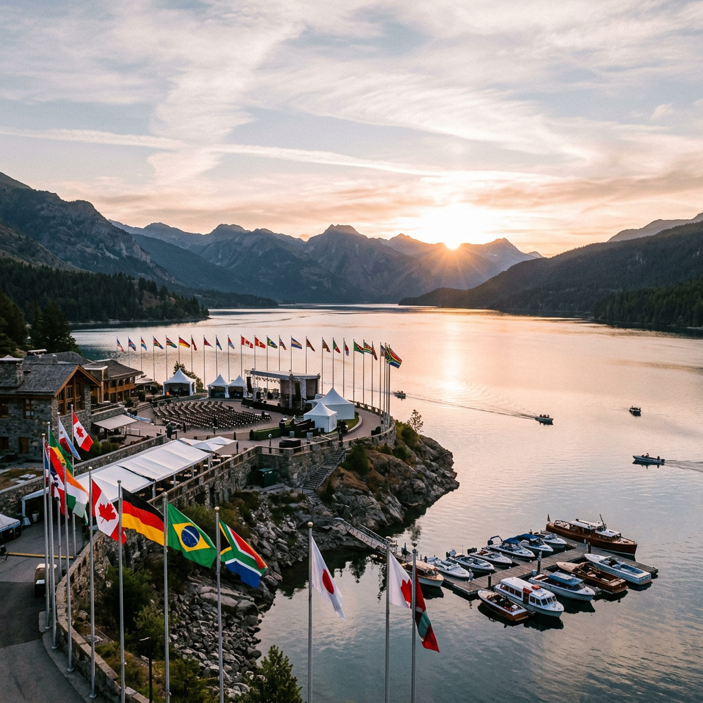 Outdoor venue by a lake with numerous international flags and boats at sunset