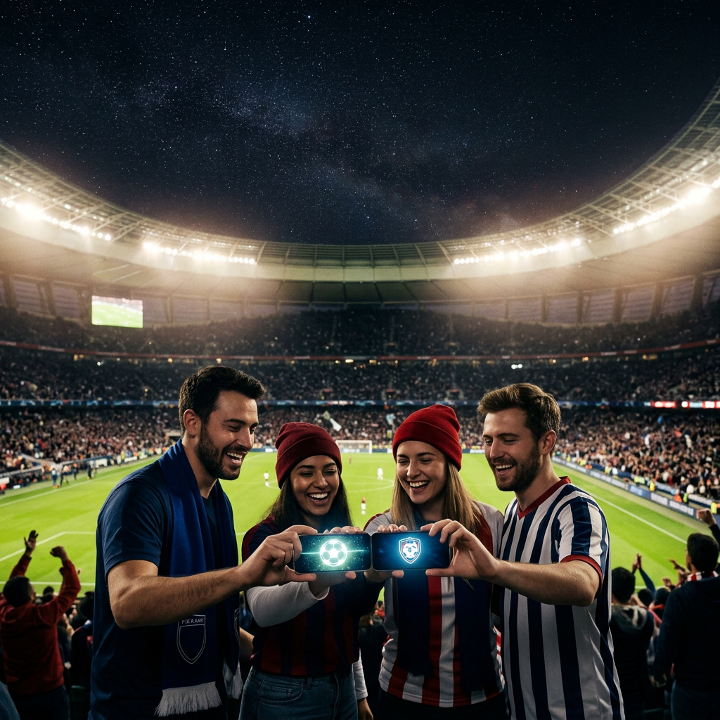 Group of four soccer fans at a stadium showing soccer-themed icons on their phones