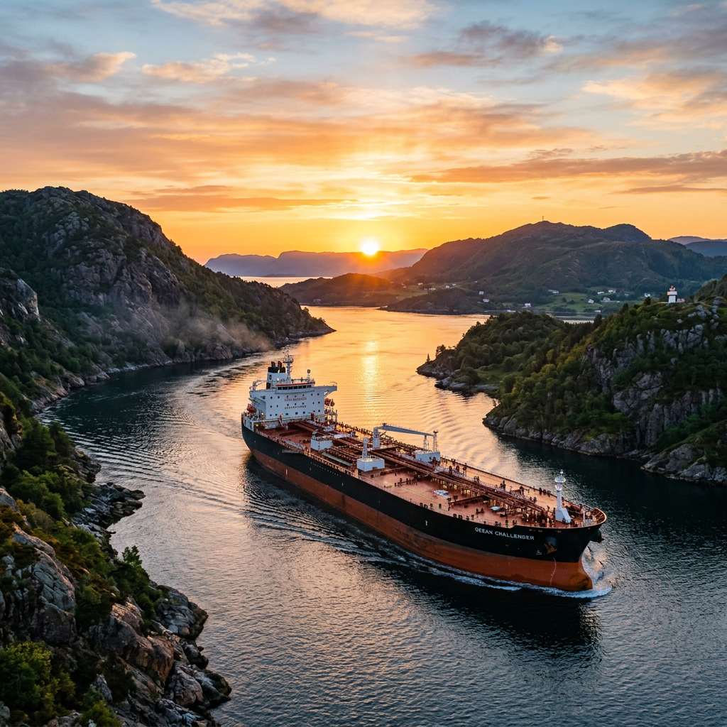 Oil tanker Ocean Challenger moving through a fjord with rocky hills and sunset sky
