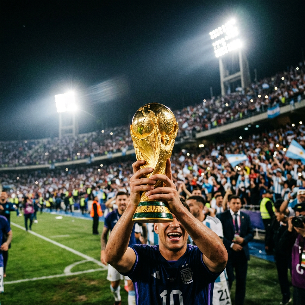 Football player holding up FIFA World Cup trophy celebrating victory