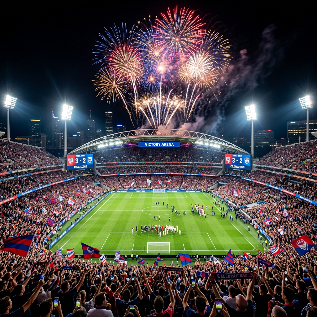 Soccer fans cheering in a stadium with fireworks and players on the field after a 3-2 match