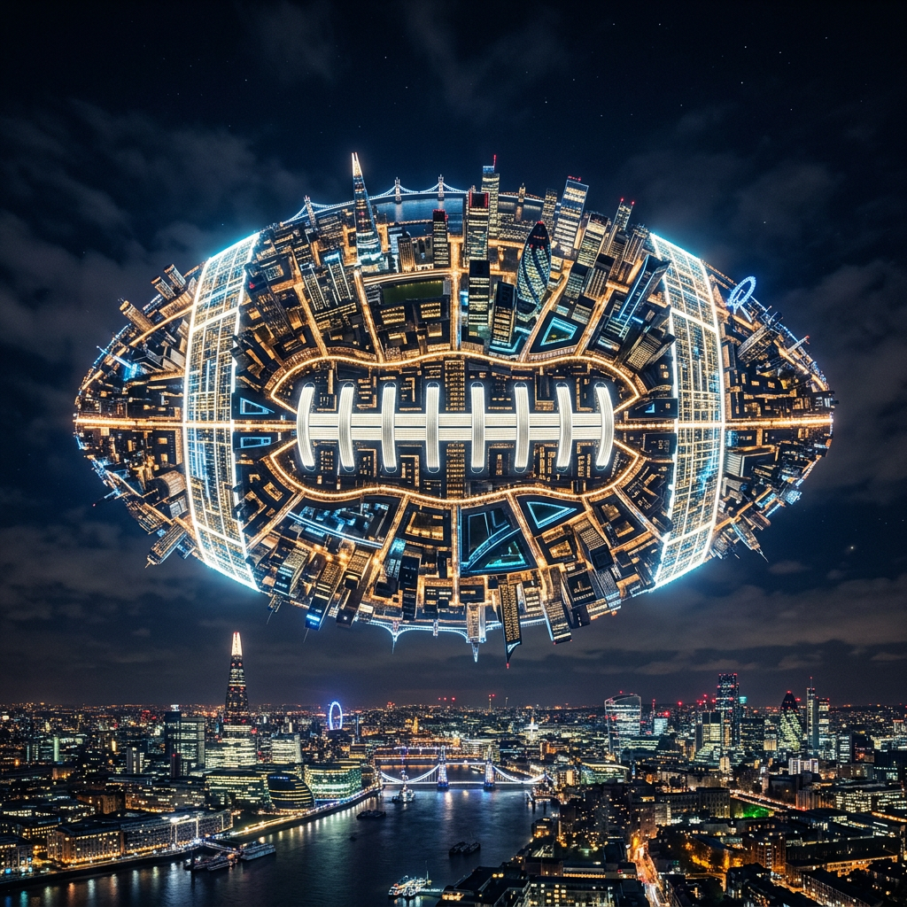 Cityscape shaped like a glowing American football hovering over London at night