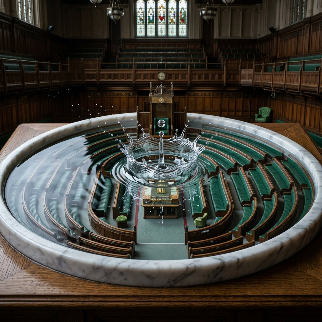 Parliamentary chamber with water splash ripple effect at the center