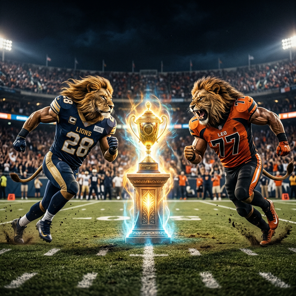 Two muscular football players with lion heads in team uniforms running toward a glowing trophy on a field.