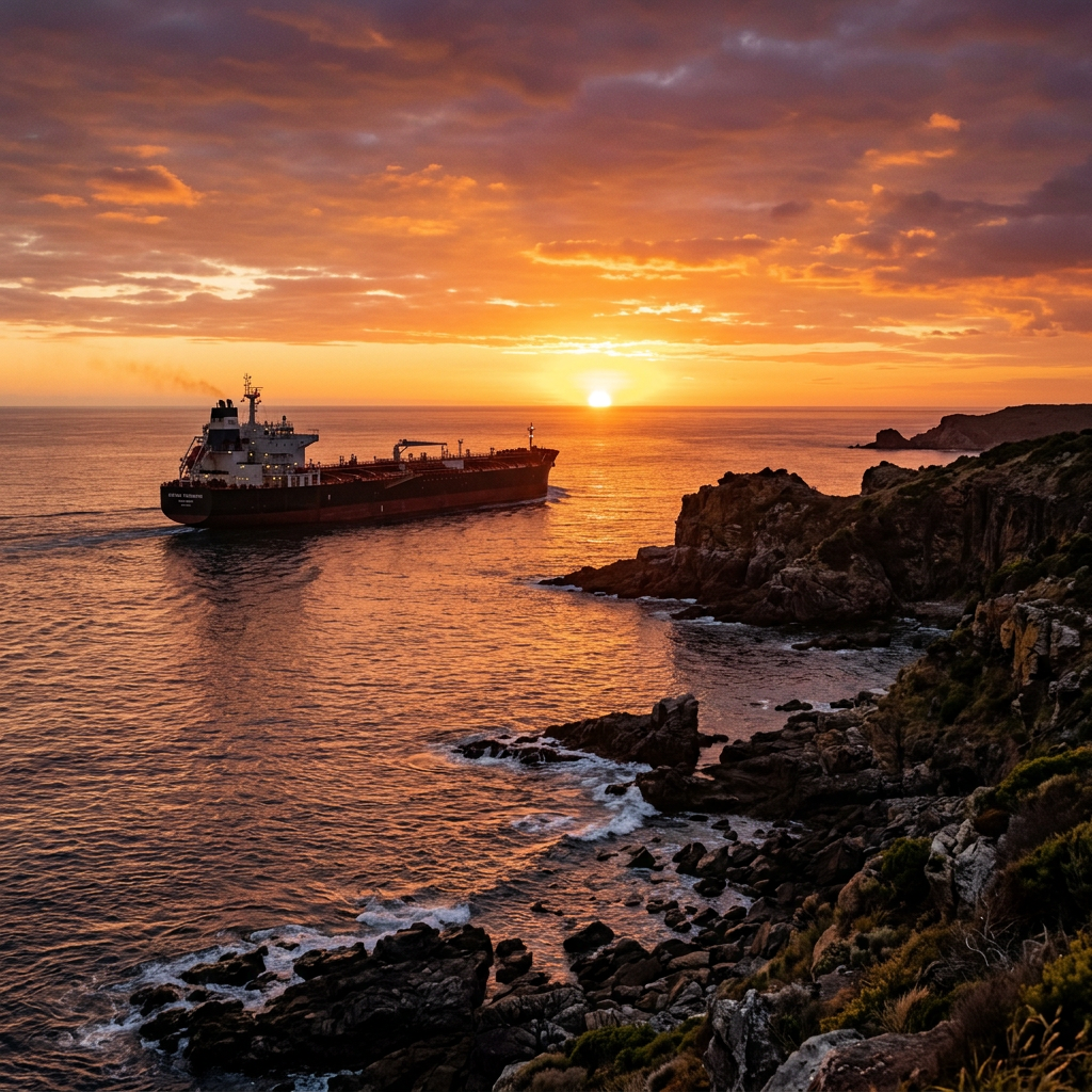 Cargo ship sailing on calm sea near rocky coastline at sunset
