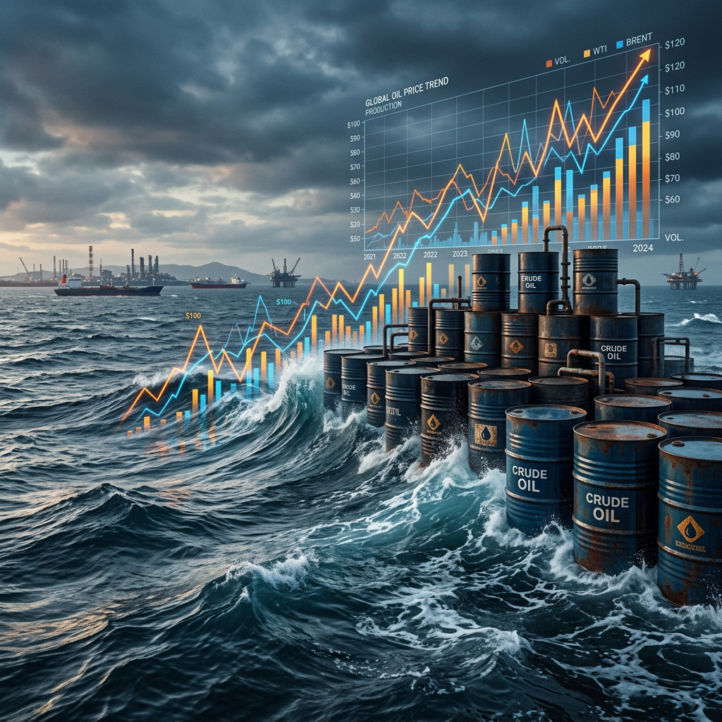 Stacked crude oil barrels in ocean waves with offshore oil platforms and rising oil price trend graph overlays