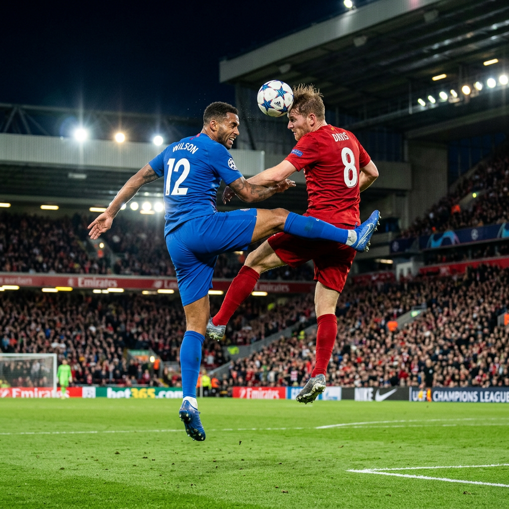 Two soccer players, one in blue jersey number 12 and the other in red jersey number 8, jump mid-air to contest a ball heading above them in a crowded stadium