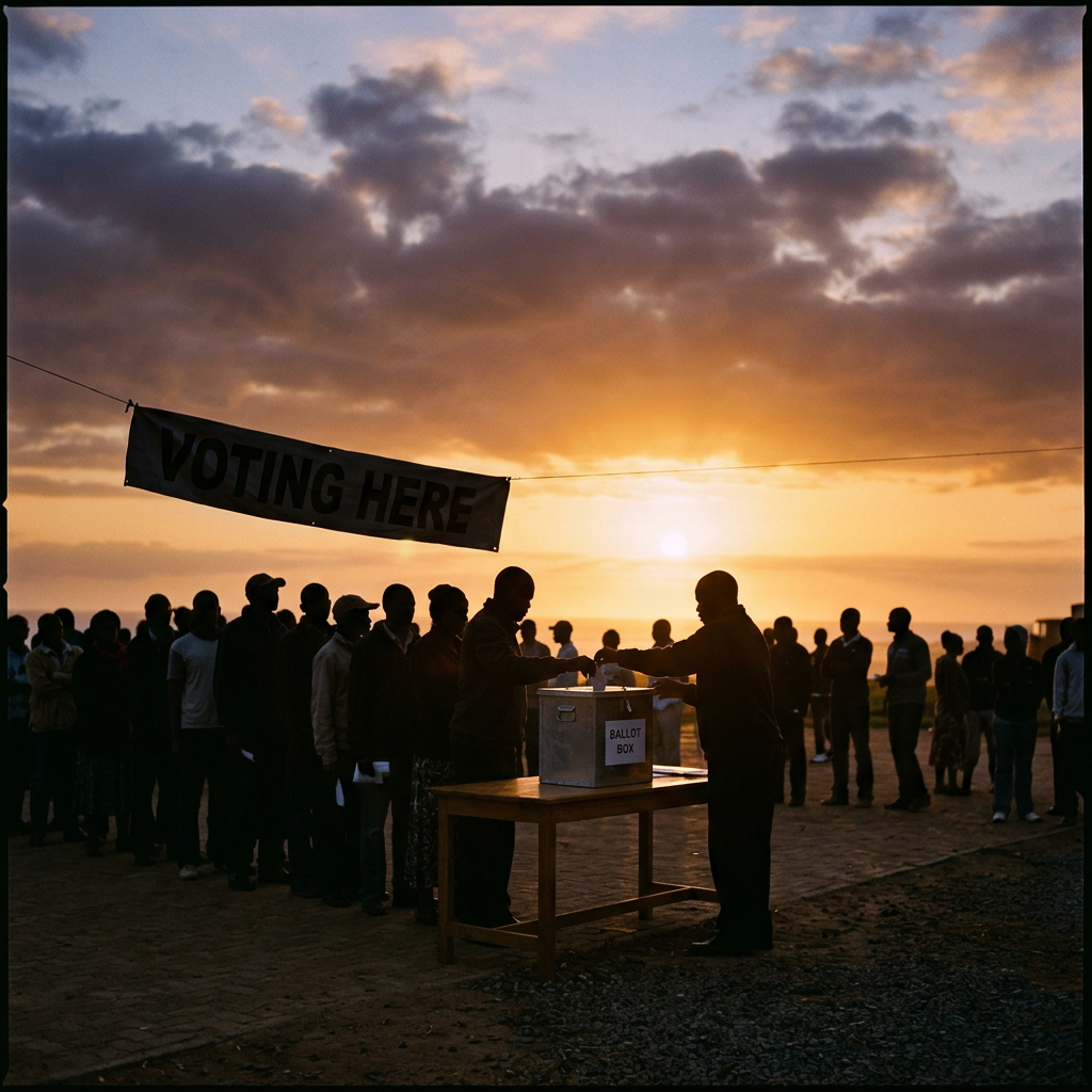 People in line casting votes at an outdoor polling station under a 'Voting Here' sign at sunset