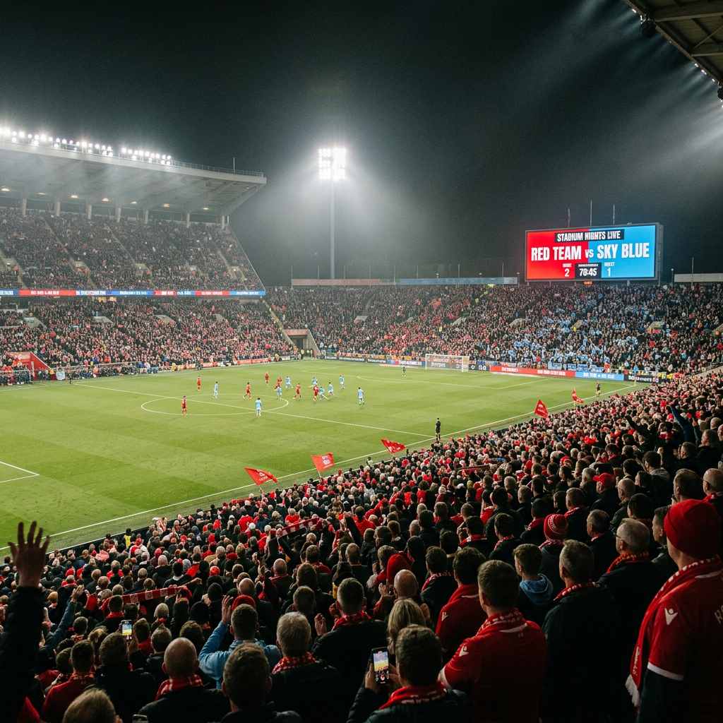 Crowded soccer stadium at night with fans watching Red Team versus Sky Blue on scoreboard