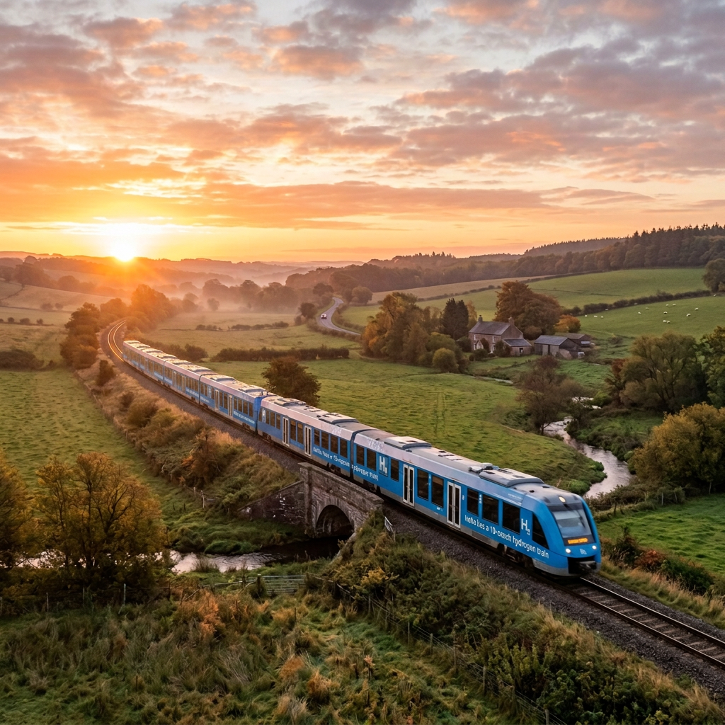 Blue hydrogen-powered train moving on track over bridge in green countryside during sunset