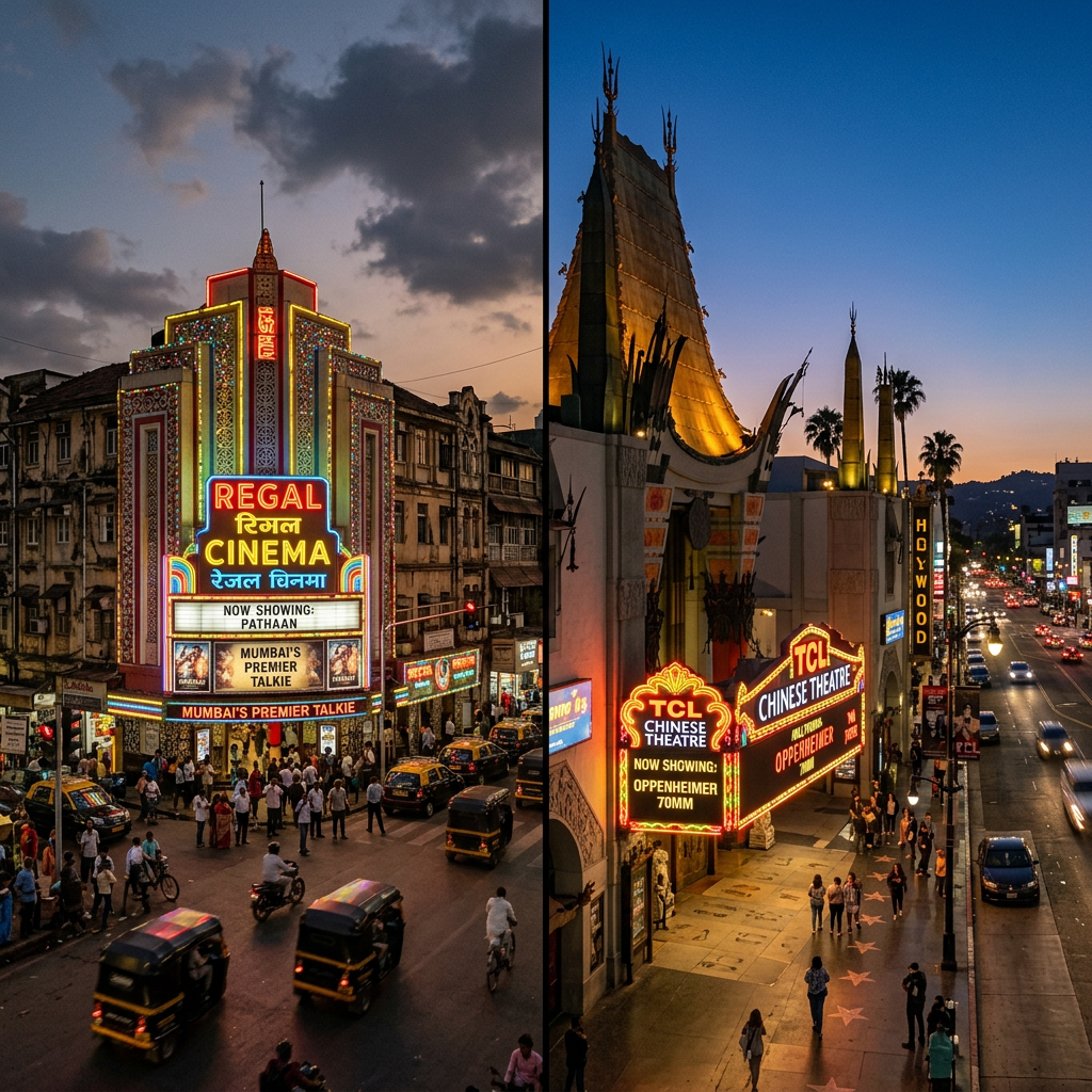 Regal Cinema in Mumbai with neon signage and crowds; TCL Chinese Theatre in Hollywood with illuminated marquee and stars on sidewalk