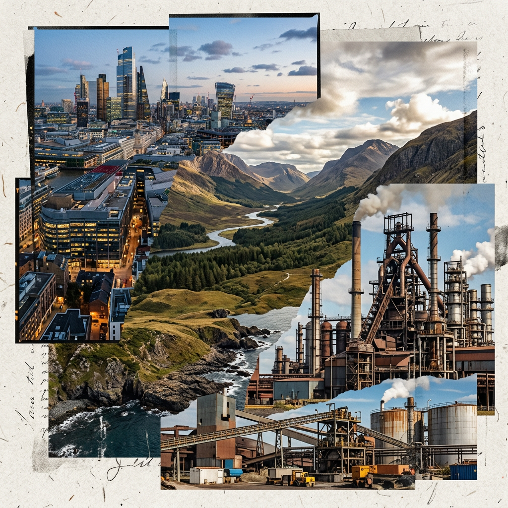 Collage showing a city skyline at dusk, a green mountain valley with a river, and industrial factories with smoke stacks