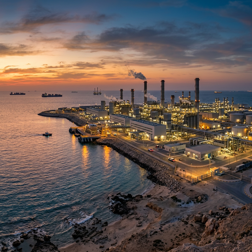 Industrial refinery complex on coastline with smokestacks and cargo ships at sunset