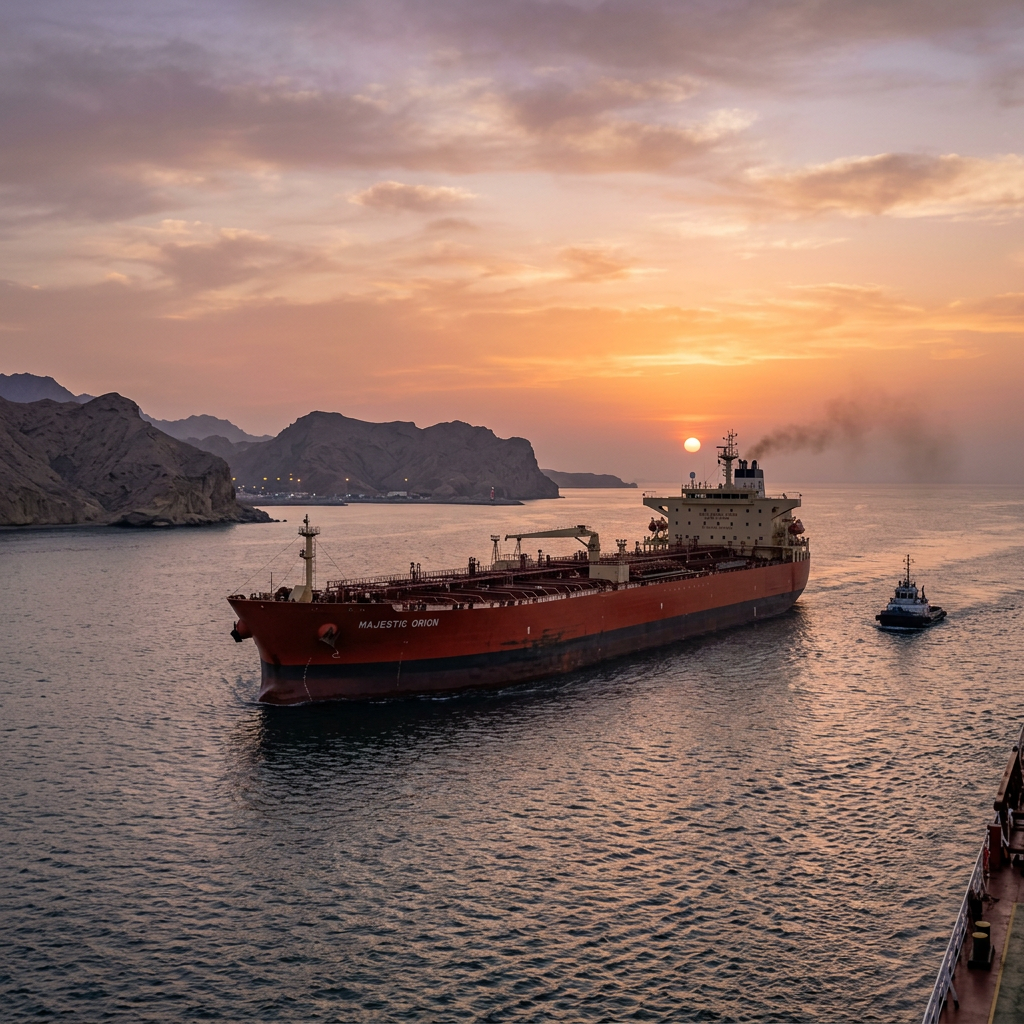 Oil tanker Majestic Orion sailing at sunset near rocky coastline with tugboat